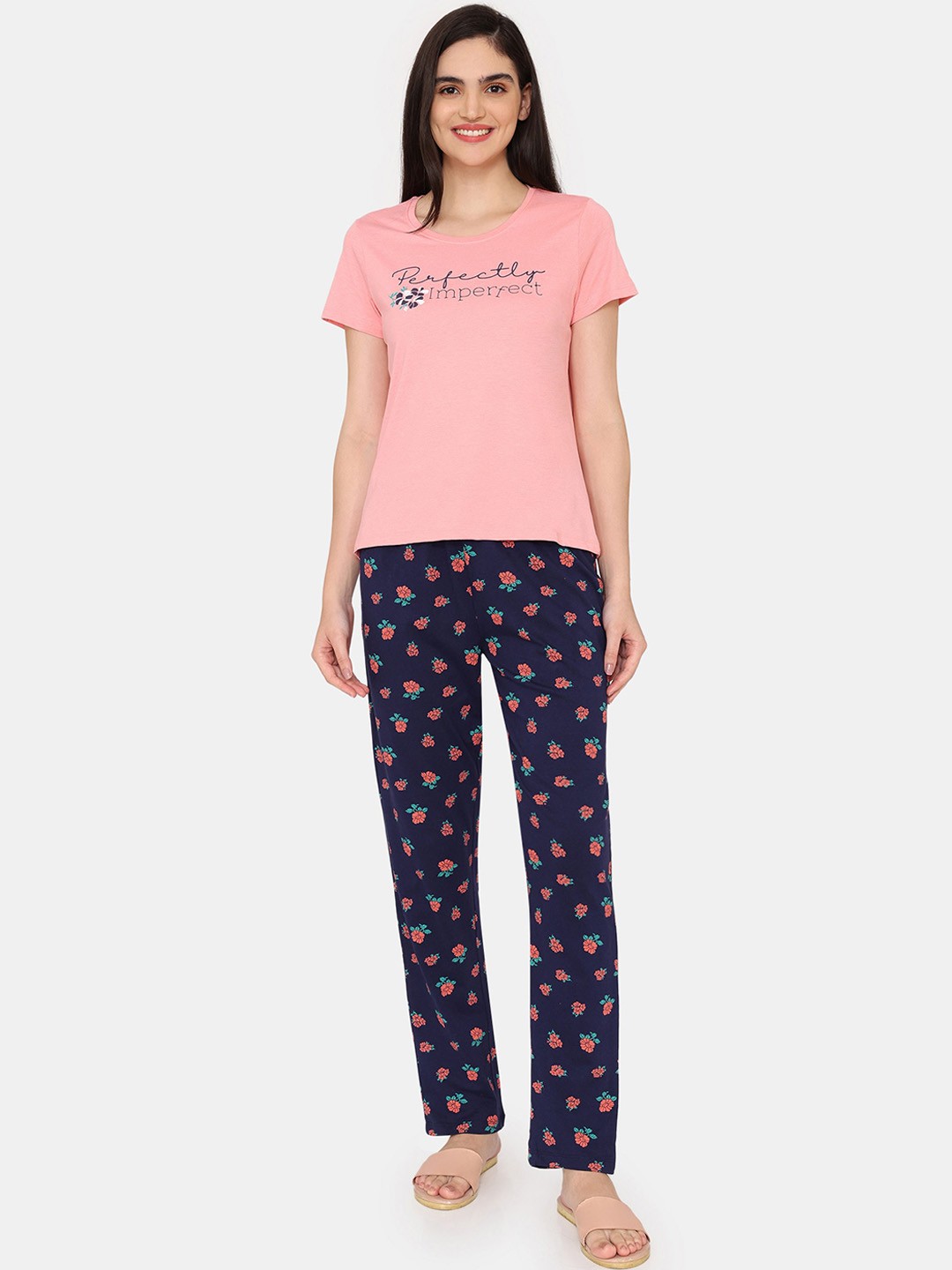 

Rosaline by Zivame Typography Printed Round Neck T-Shirt & Pyjama, Blue
