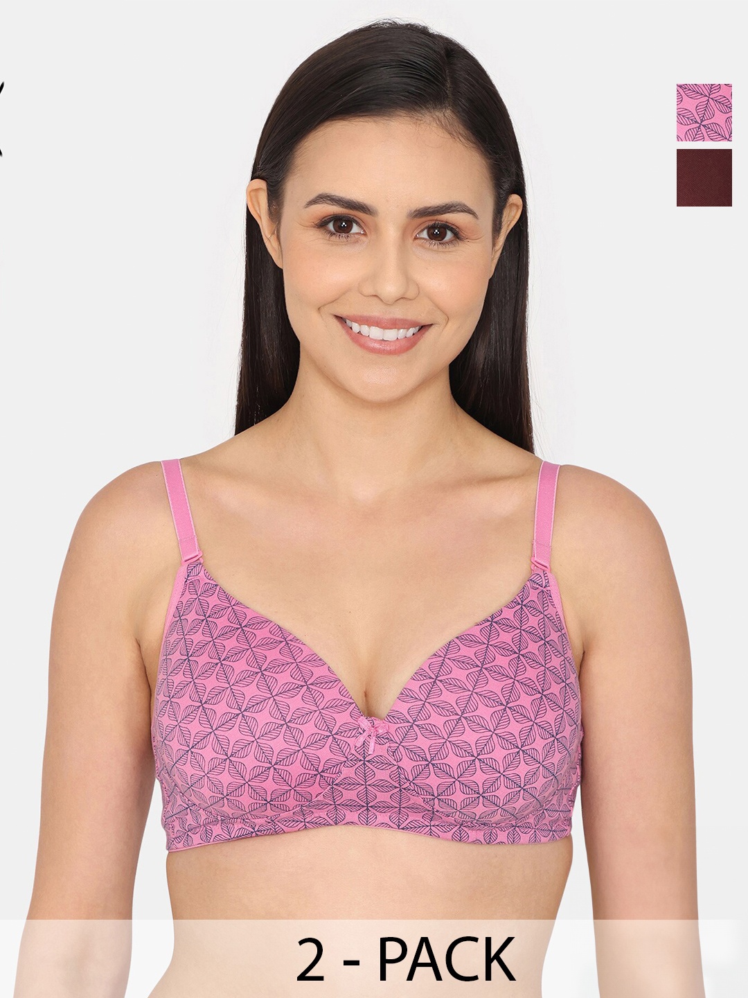 

Rosaline by Zivame Pack of 2 Floral Printed Half Coverage T-shirt Bra With All Day Comfort, Pink