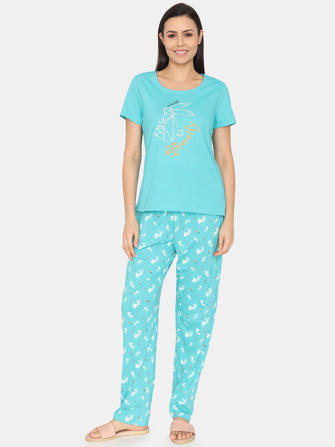 

Rosaline by Zivame Typography Printed Round Neck T-Shirt & Pyjama, Blue