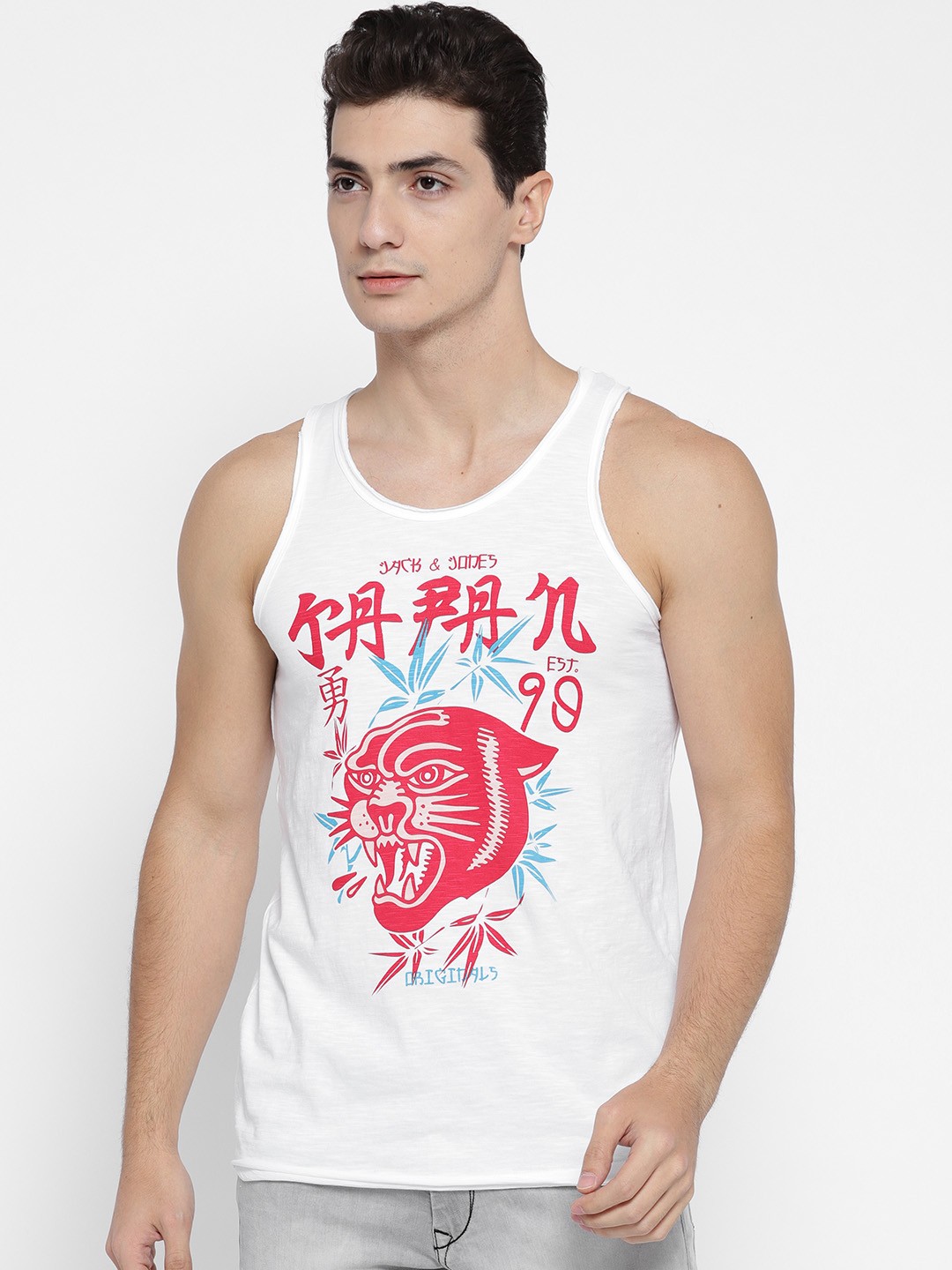 

Jack & Jones Men White & Red Printed Round Neck Sleeveless T-shirt