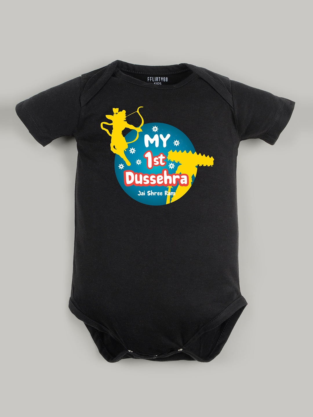 

FFLIRTYGO Infants Printed Pure Cotton Dussehra Special Bodysuit, Black