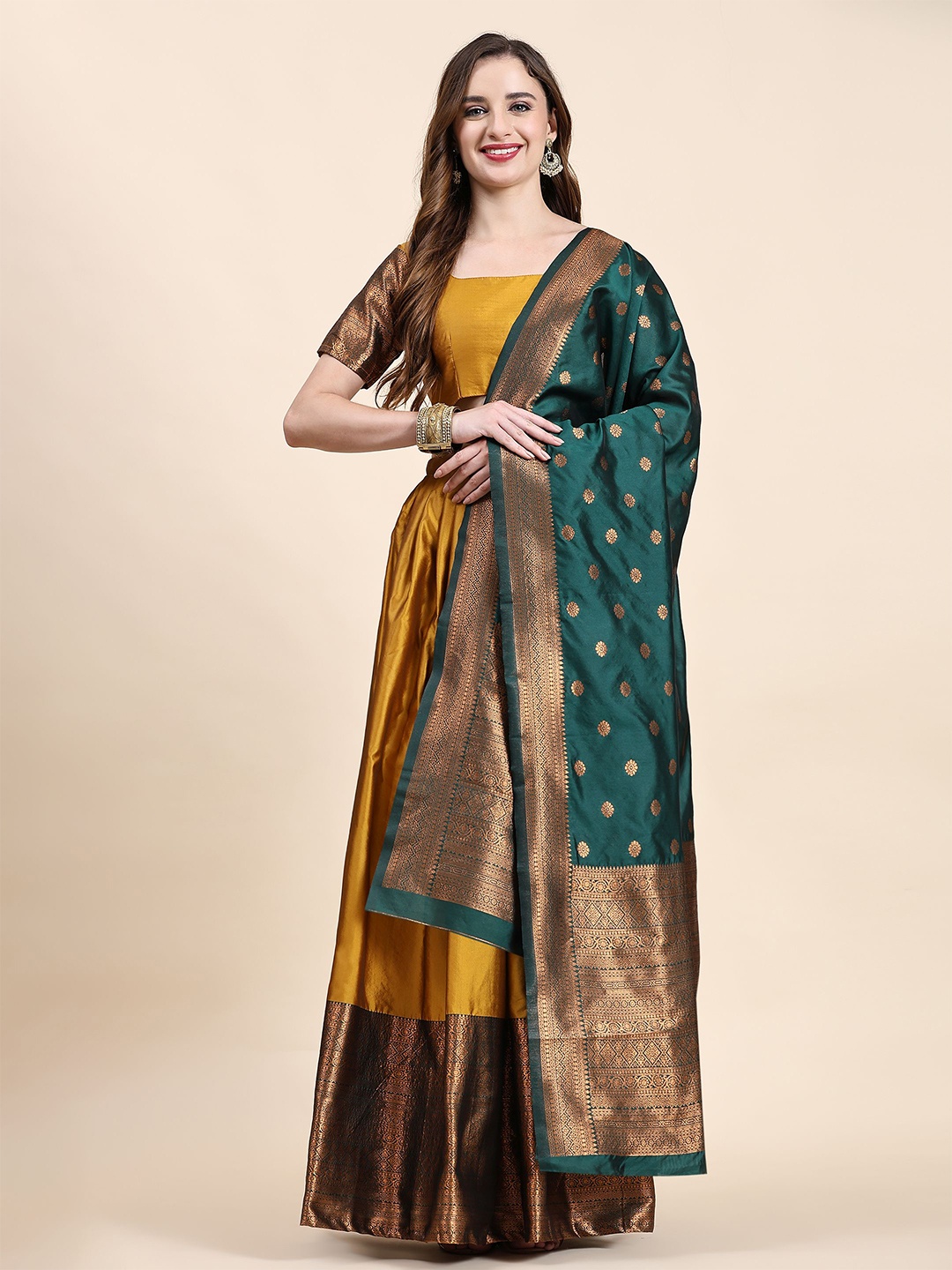 

Phenav Woven Design Silk Semi-Stitched Lehenga & Unstitched Blouse With Dupatta, Mustard