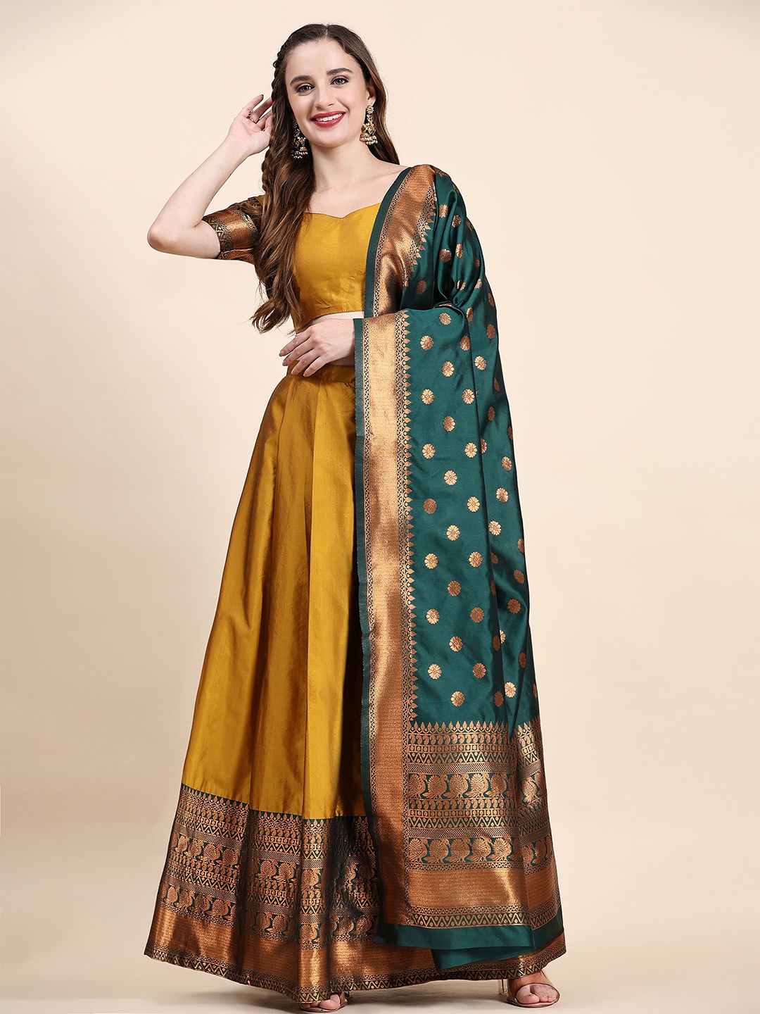 

Phenav Zari Semi-Stitched Lehenga & Unstitched Blouse With Dupatta, Mustard