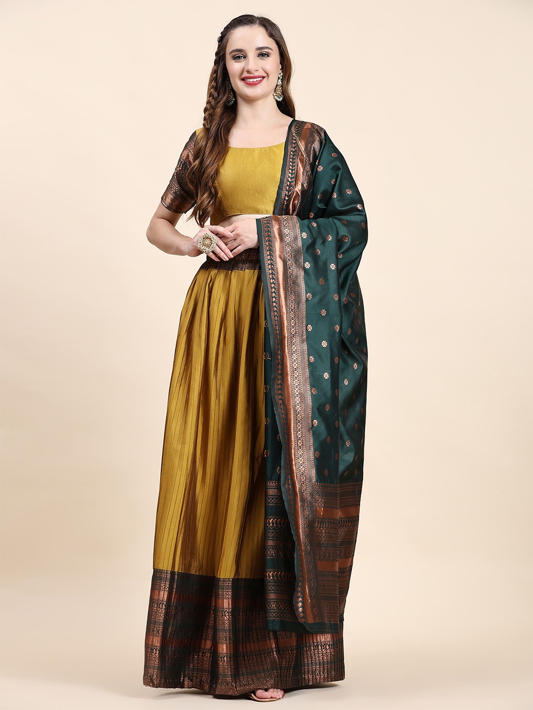 

Phenav Woven Design Semi-Stitched Silk Lehenga & Unstitched Blouse With Dupatta, Mustard