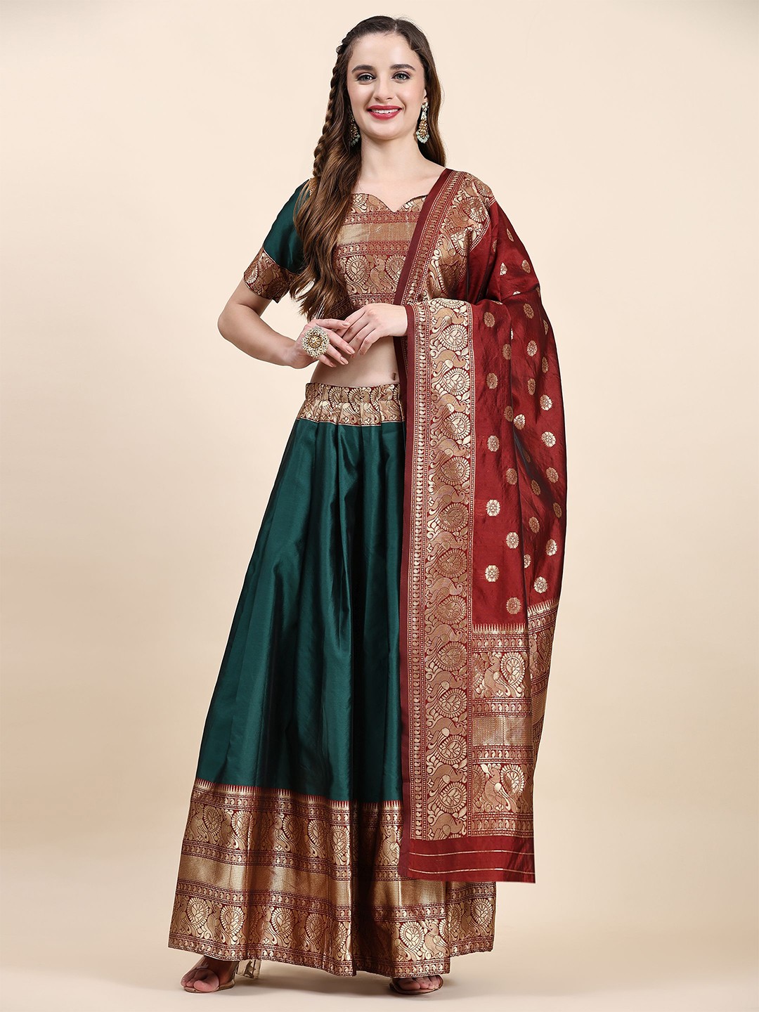 

Phenav Zari Semi-Stitched Lehenga & Unstitched Blouse With Dupatta, Green