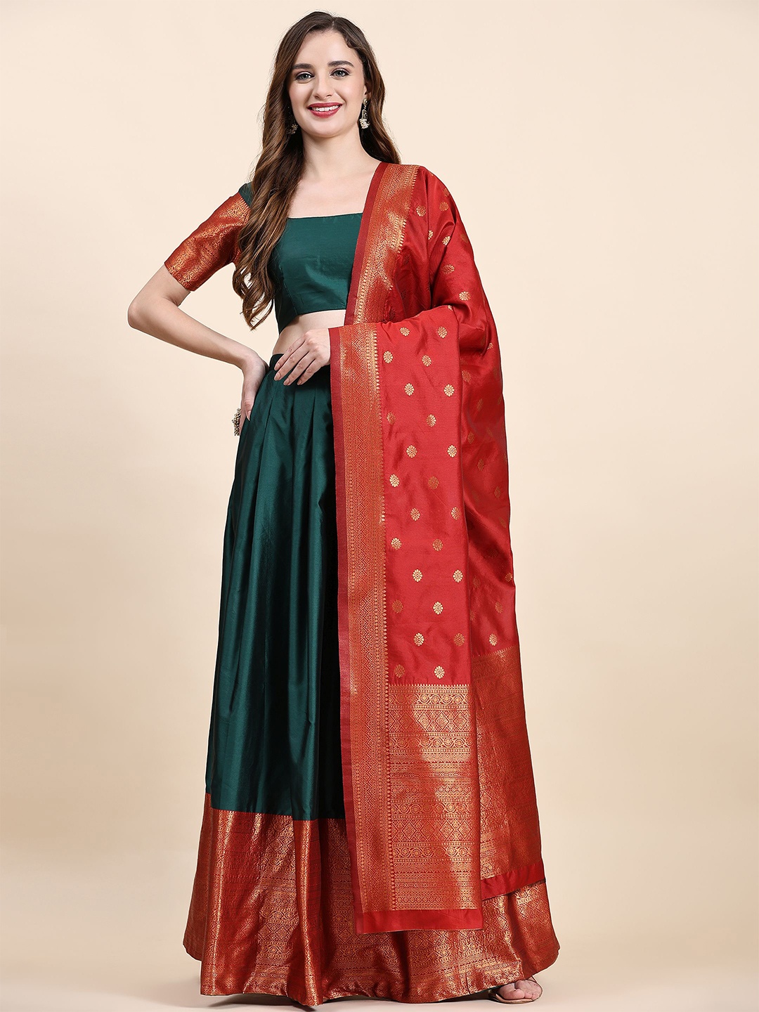 

Phenav Zari Semi-Stitched Lehenga & Unstitched Blouse With Dupatta, Green