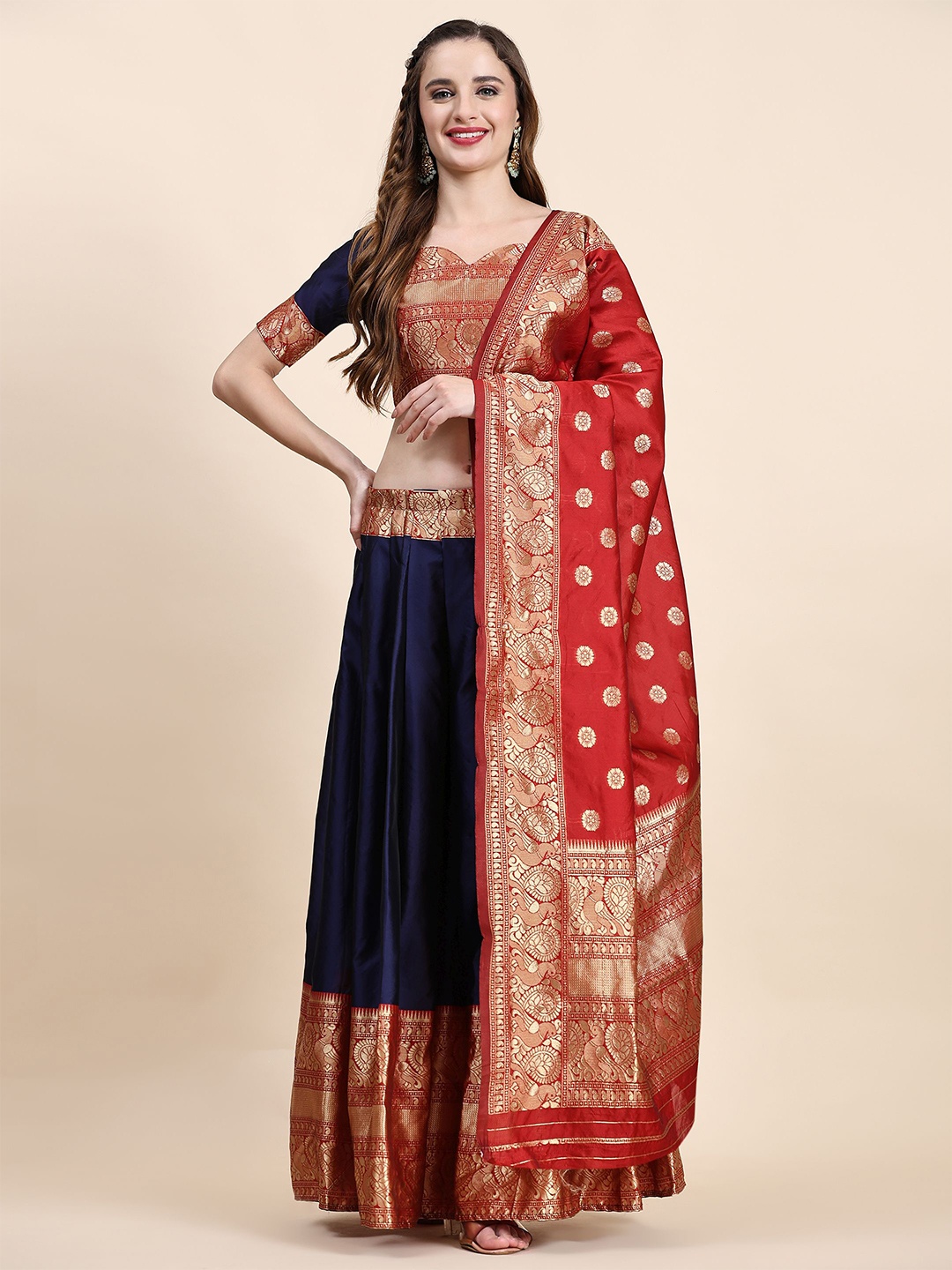 

Phenav Woven Design Semi-Stitched Silk Lehenga & Unstitched Blouse With Dupatta, Blue
