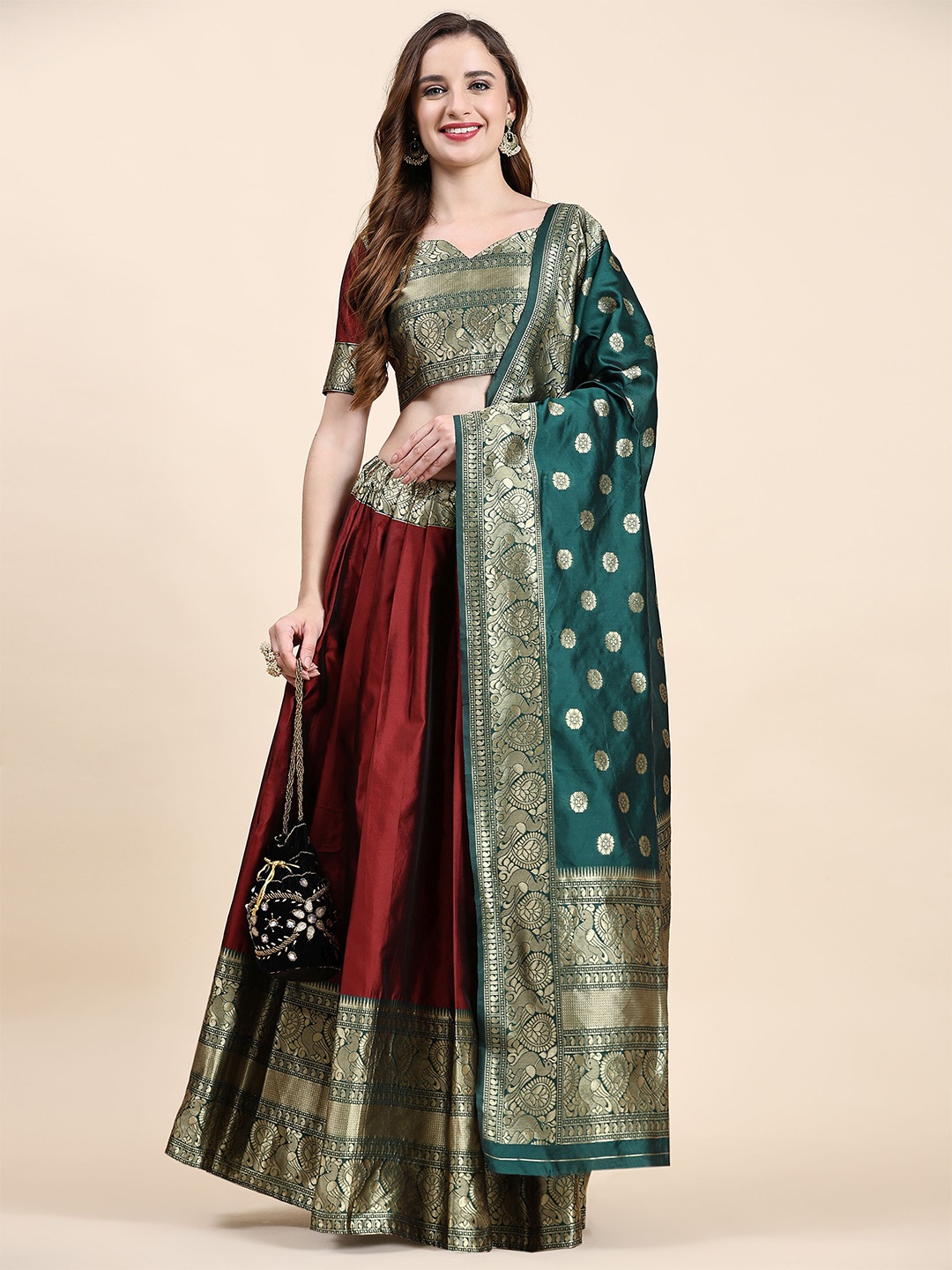 

Phenav Woven Design Semi-Stitched Silk Lehenga & Unstitched Blouse With Dupatta, Maroon