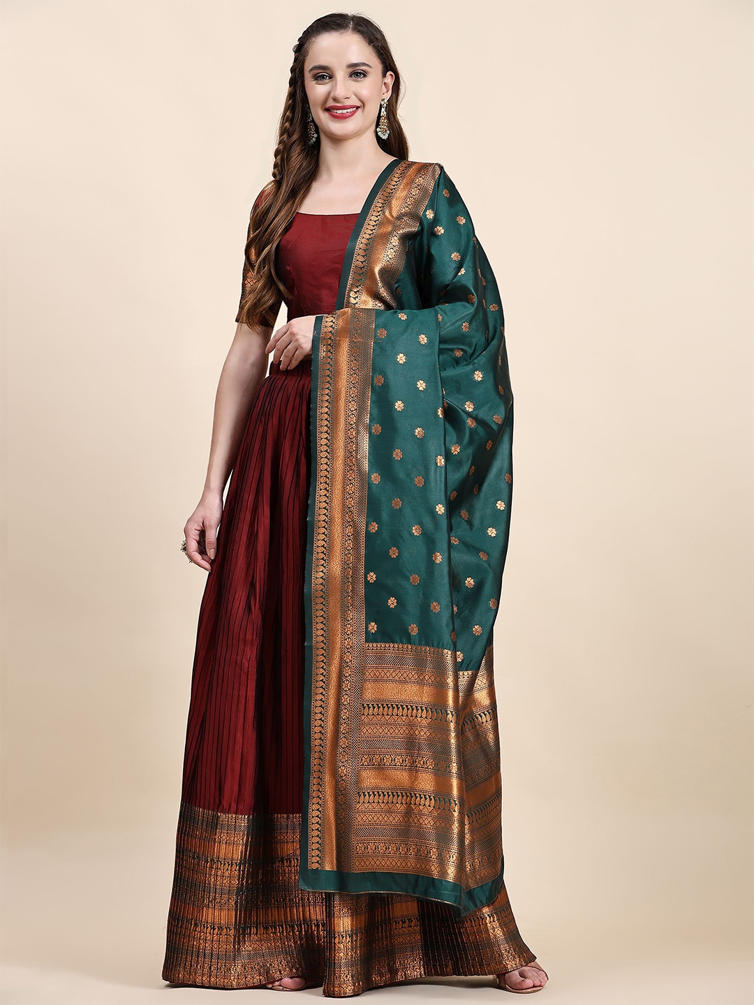 

Phenav Woven Design Semi-Stitched Silk Lehenga & Unstitched Blouse With Dupatta, Maroon