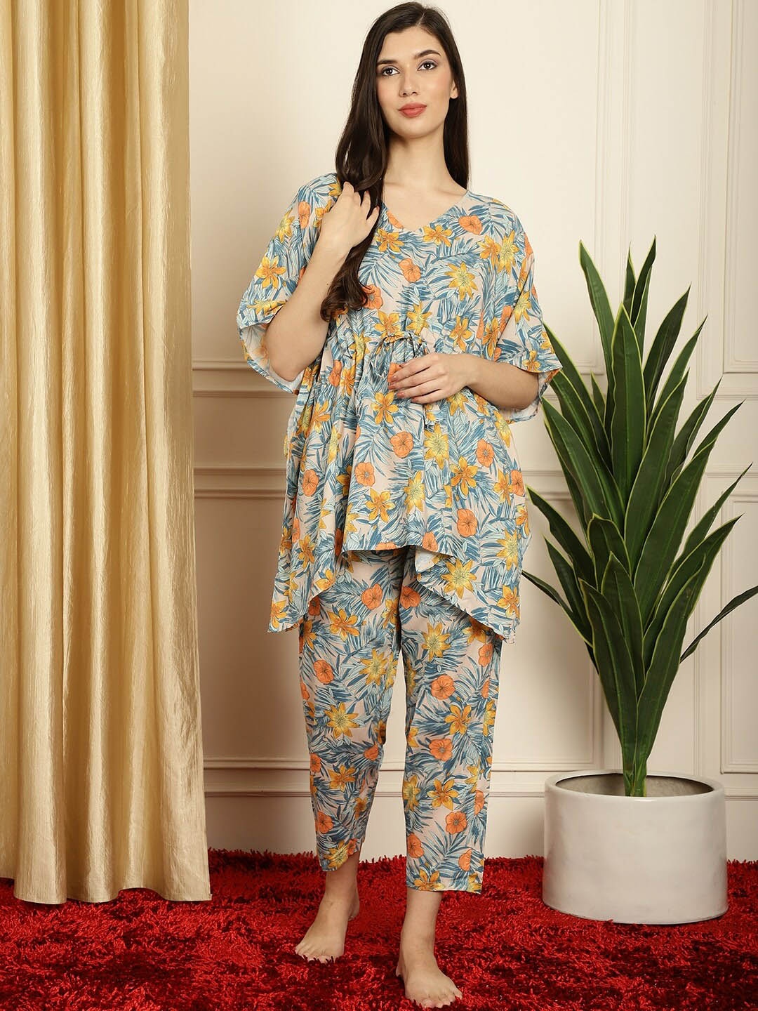 

TAG 7 Floral Printed Night Suit, Blue