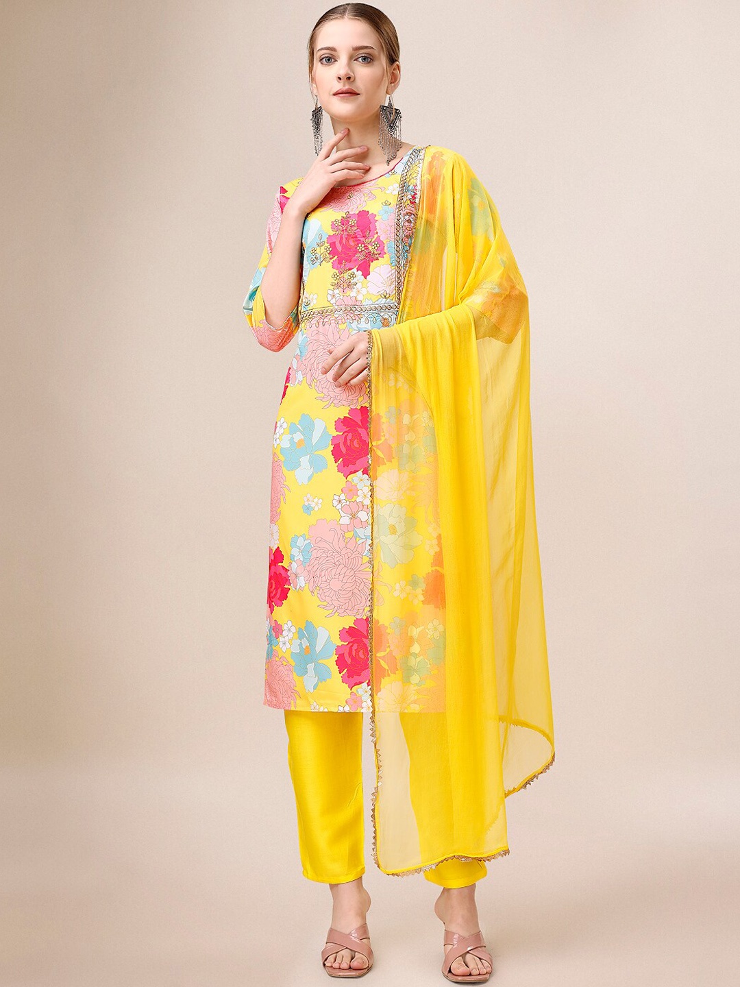 

Mitera Yellow Floral Printed Gotta Patti Pure Cotton Kurta With Trousers & Dupatta