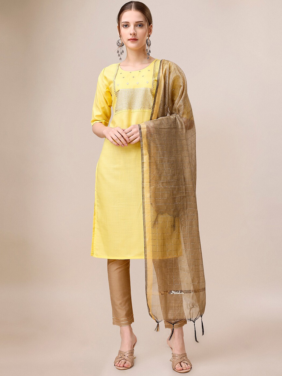 

Mitera Embroidered Regular Pure Cotton Kurta with Trousers & With Dupatta, Yellow