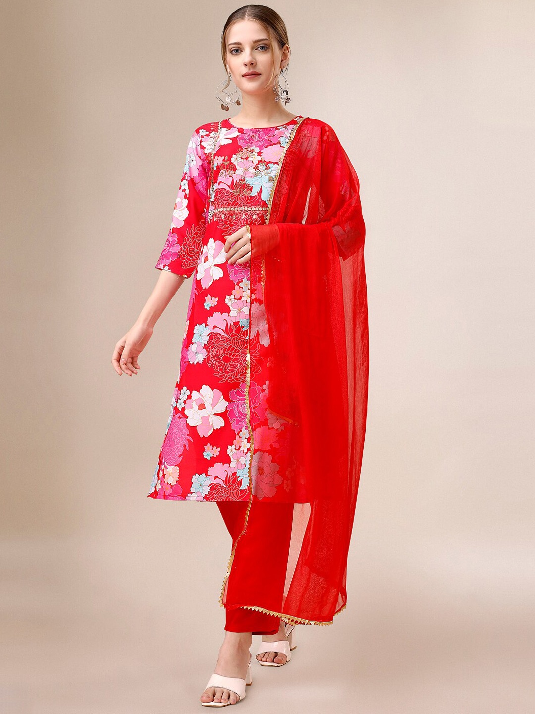 

Mitera Red Floral Printed Gotta Patti Pure Cotton Kurta With Trousers & Dupatta