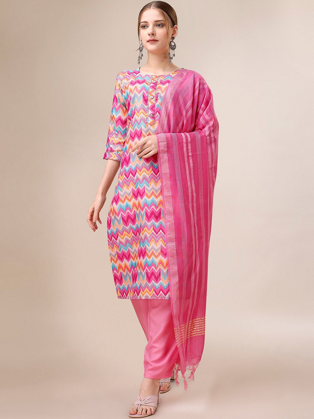 

Mitera Pink Chevron Printed Gotta Patti Pure Cotton Kurta With Salwar & Dupatta