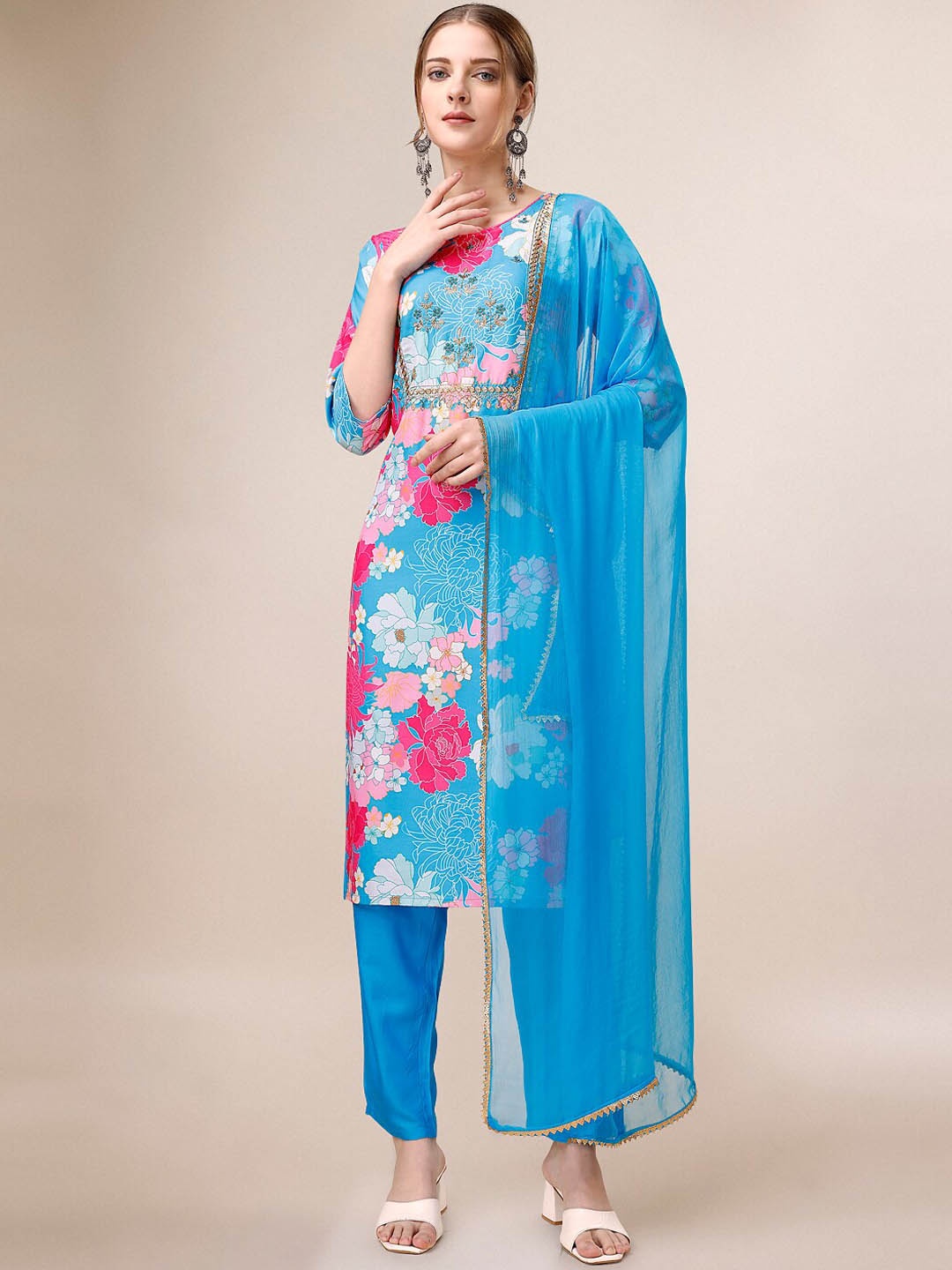 Mitera Blue Floral Printed Gotta Patti Pure Cotton Kurta With Trousers & Dupatta