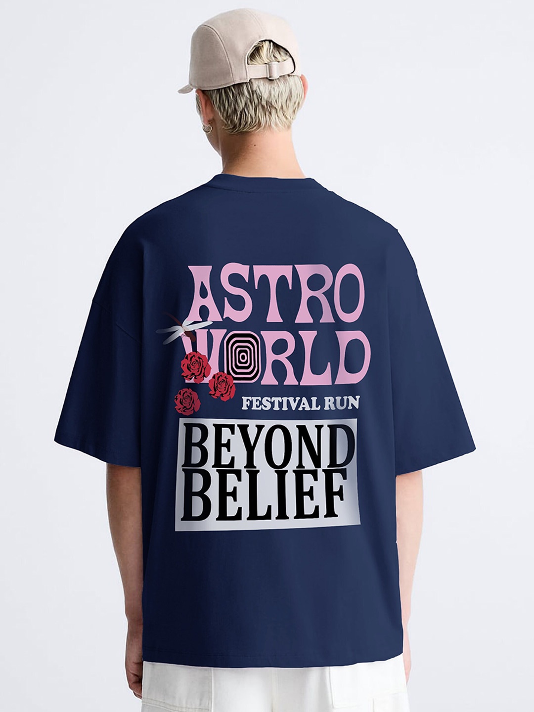 

MISCHIEF MONKEY Typography Printed Pure Cotton Drop-Shoulder Sleeves Oversized T-shirt, Navy blue