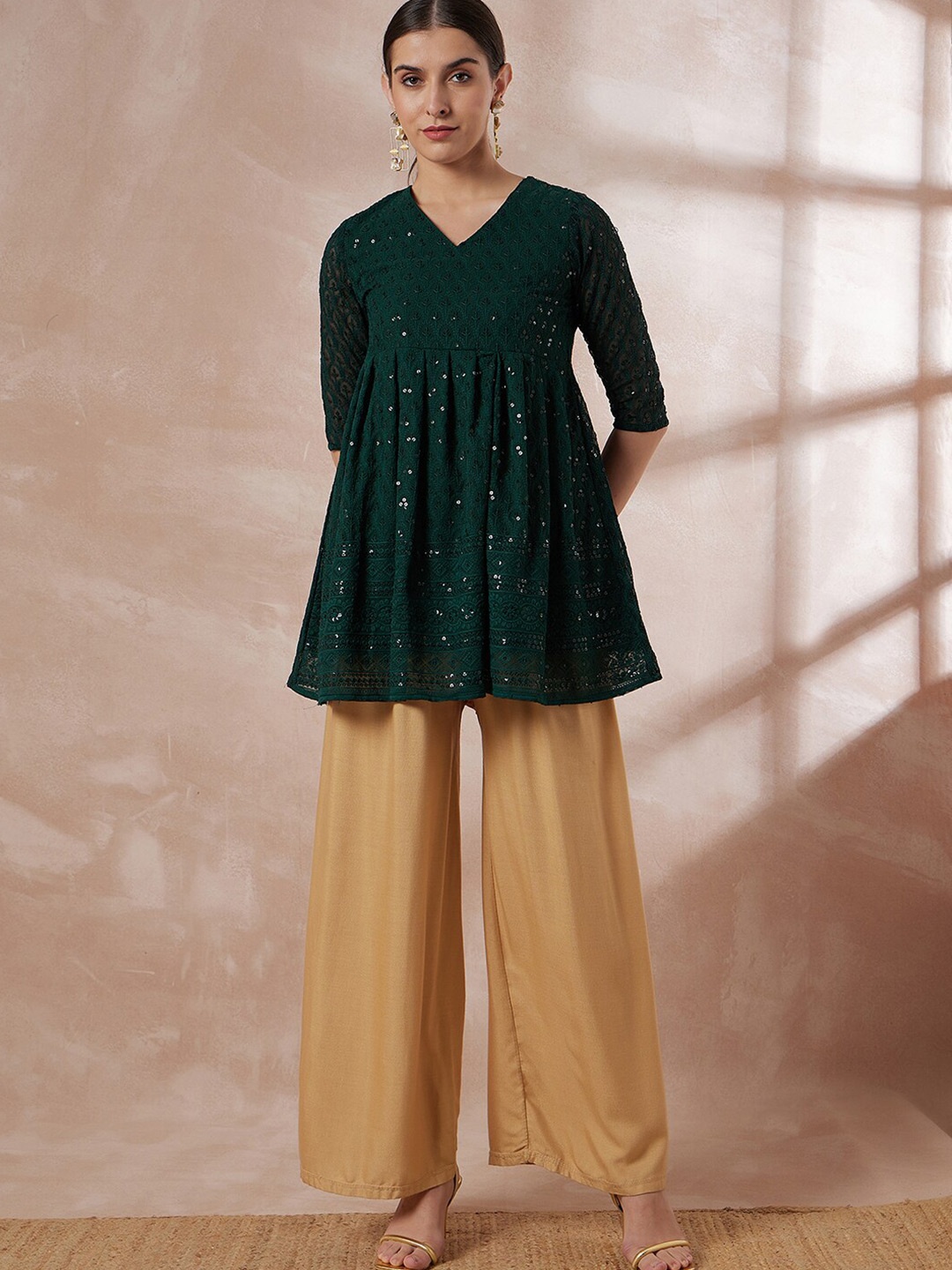 

all about you Geometric Embellished Georgette Chikankari Kurti, Green