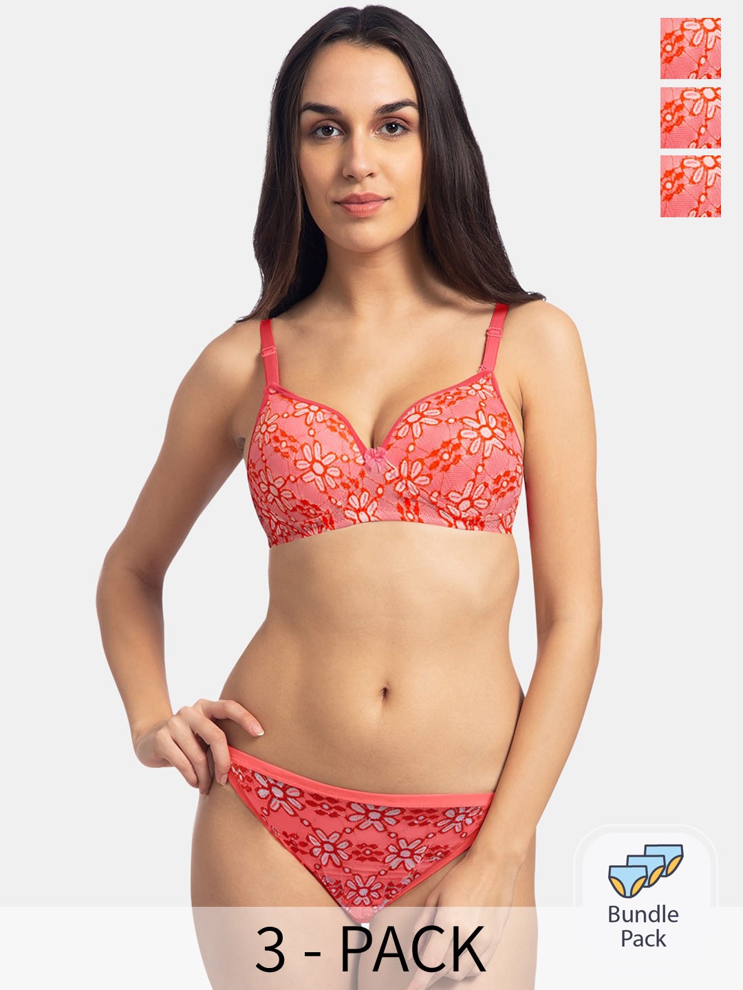 

KOMLI Pack Of 3 Lingerie Set, Coral