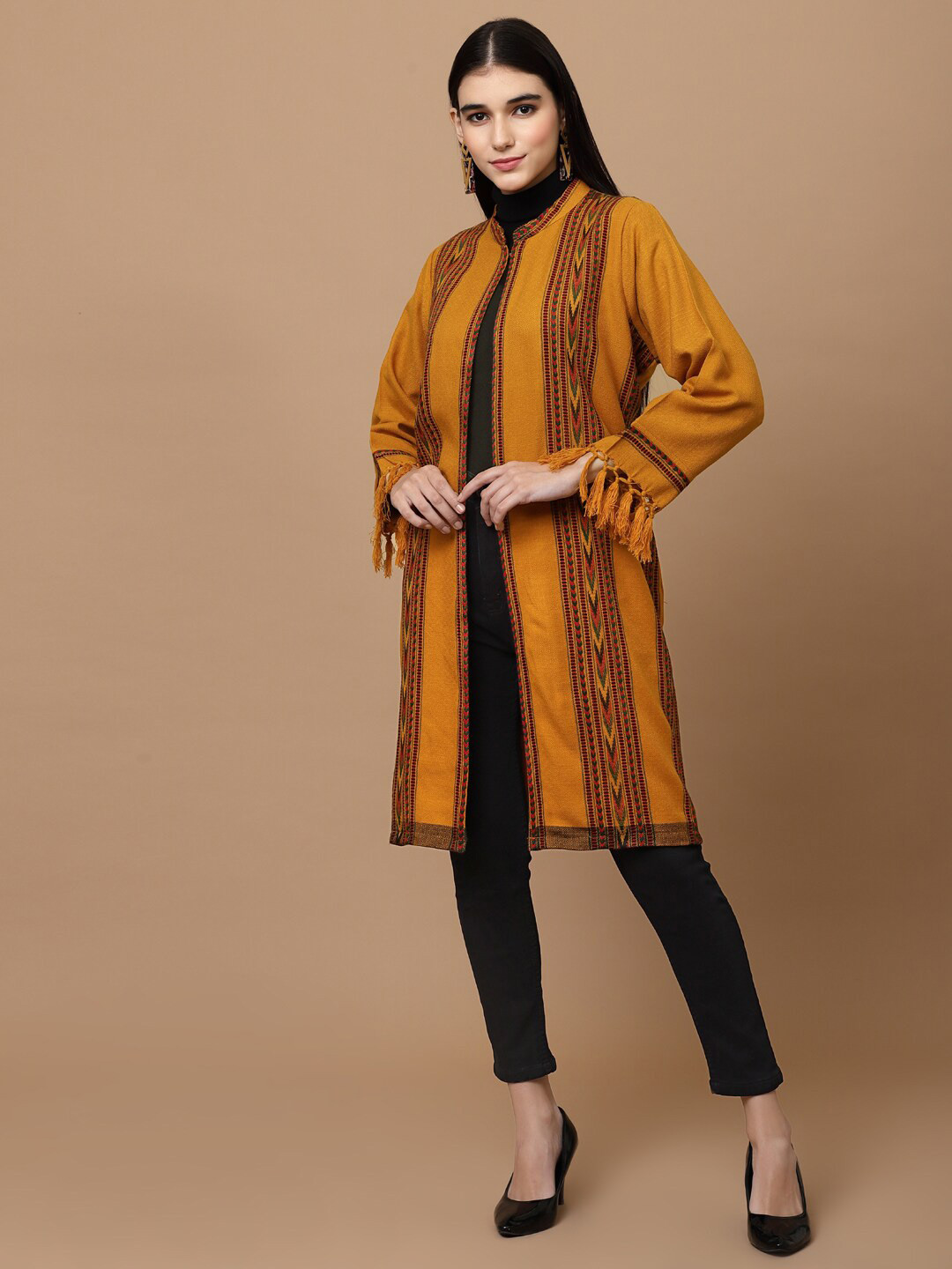 

WEAVERS VILLA Women Mustard Floral Printed Cashmere Longline Poncho with Fringed Detail