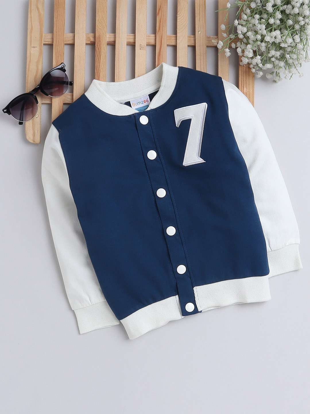 

BUMZEE Boys Navy Blue Striped Lightweight Bomber with Embroidered Jacket
