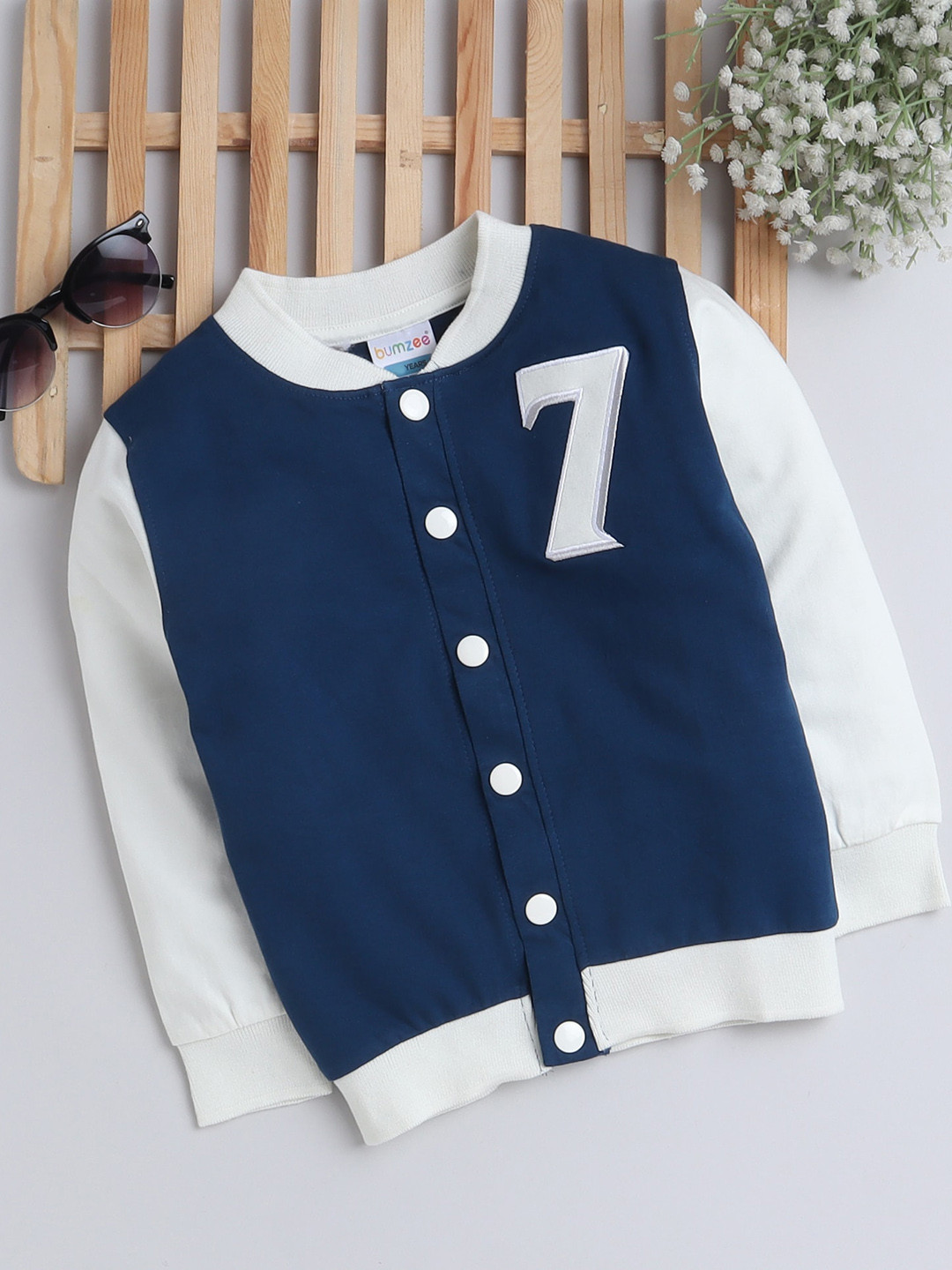 

BUMZEE Boys Navy Blue Striped Lightweight Bomber with Embroidered Jacket