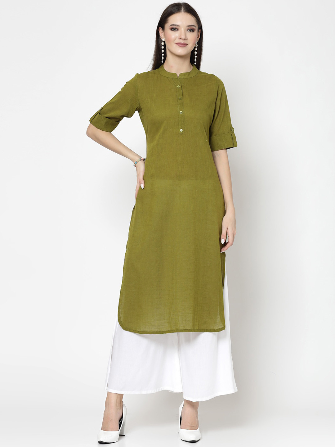 

KALINI Mandarin Collar Roll-Up Sleeves Kurta, Green