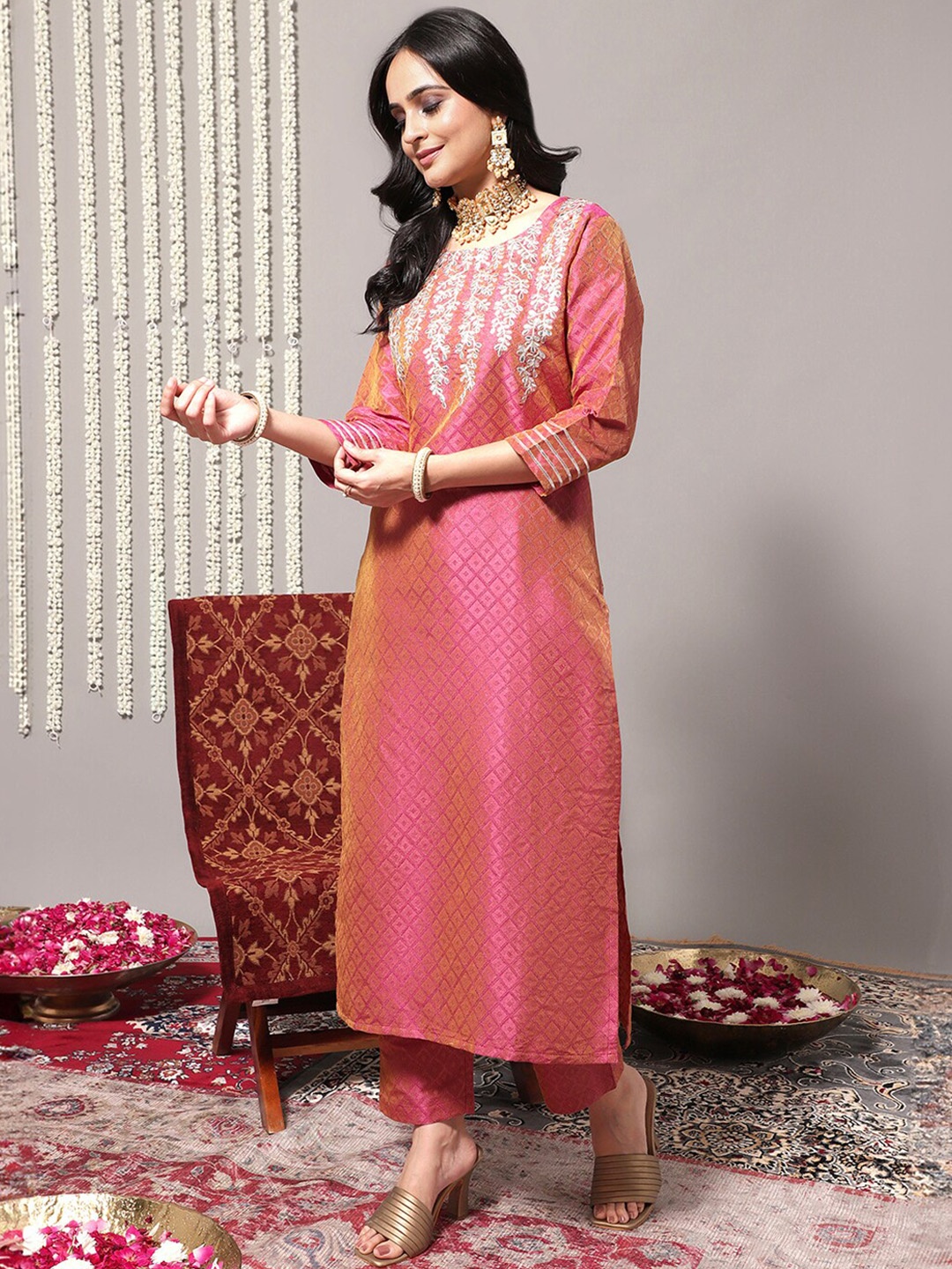 

Varanga Ethnic Motifs Yoke Design Gotta Patti Kurta with Trousers & With Dupatta, Magenta