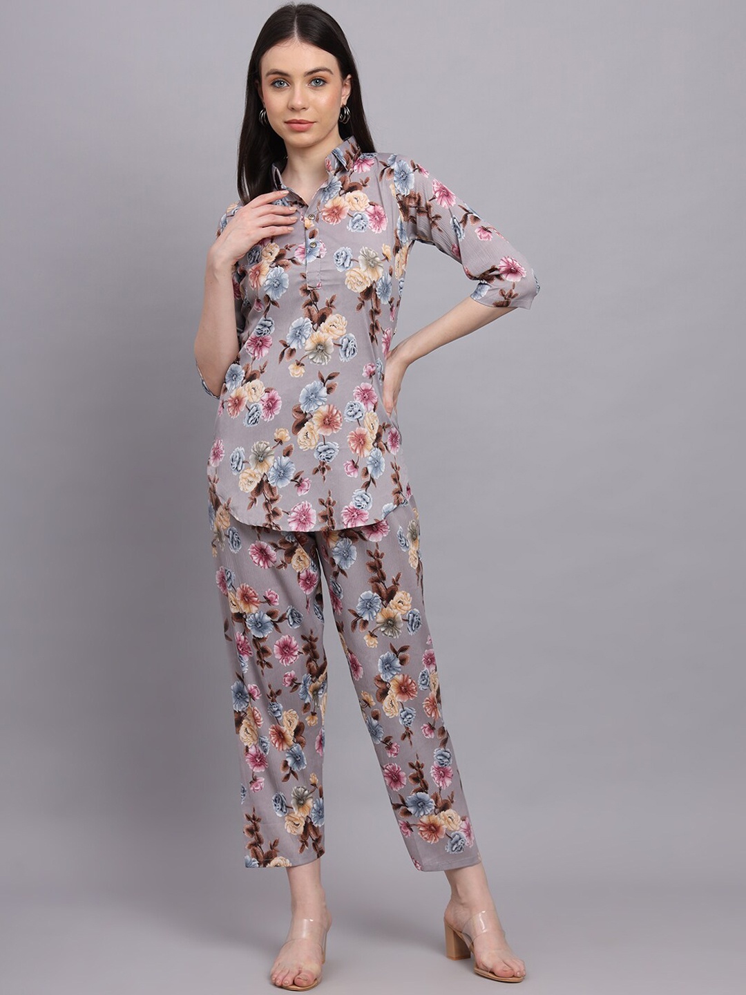 

BAESD Floral Printed Shirt Collar Top & Trousers, Grey