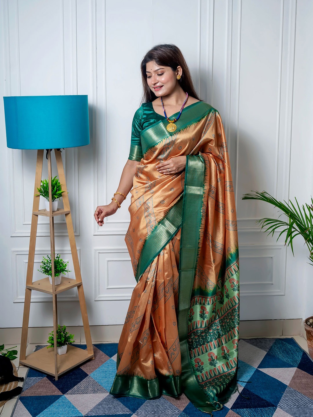 

VISHNU WEAVES Bandhani Printed Zari Silk Cotton Muga Saree, Mustard