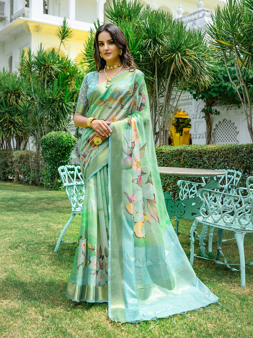 

VISHNU WEAVES Floral Printed Zari Silk Cotton Jamdani Saree, Sea green