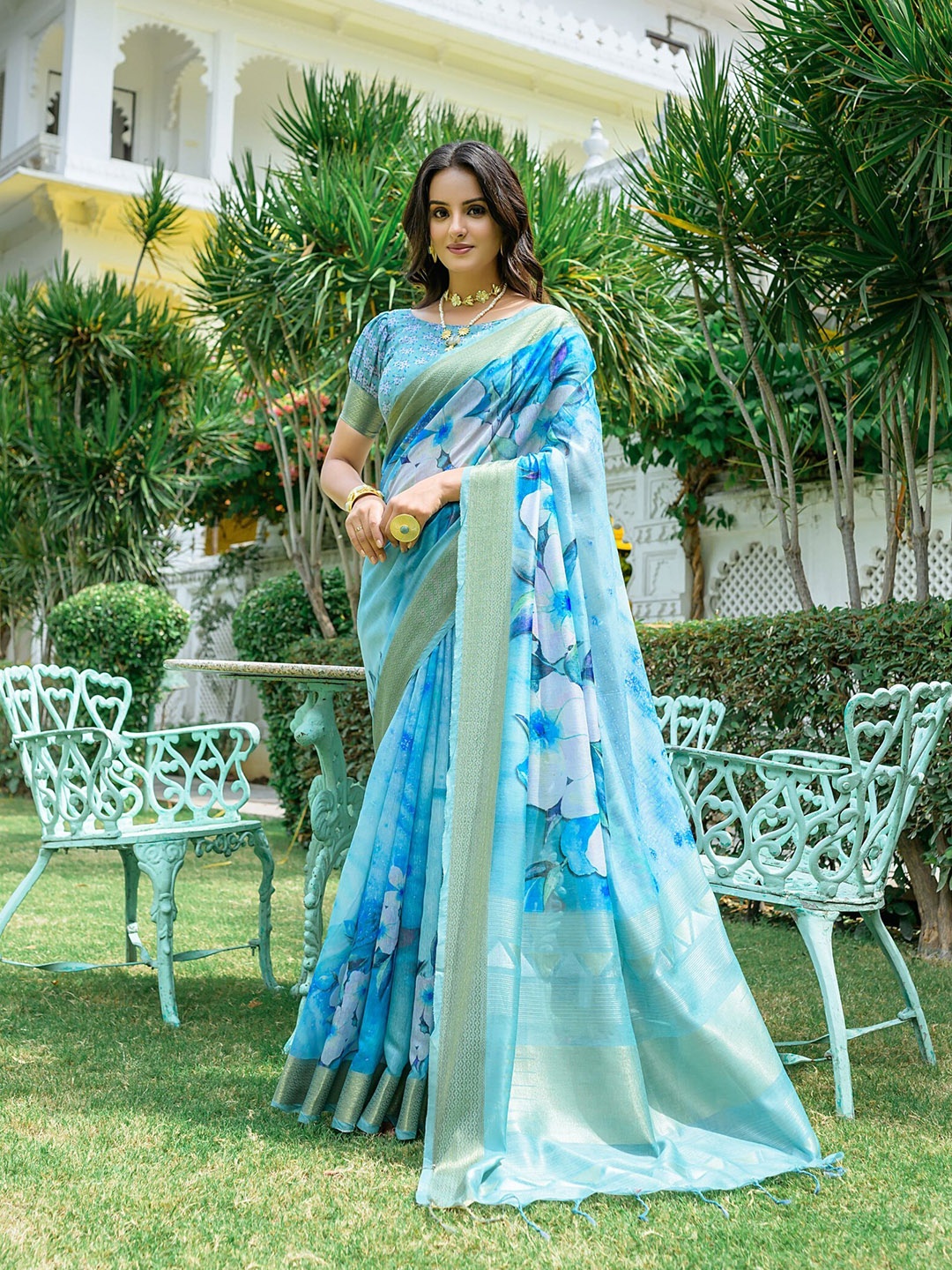 

VISHNU WEAVES Floral Printed Zari Silk Cotton Jamdani Saree, Turquoise blue