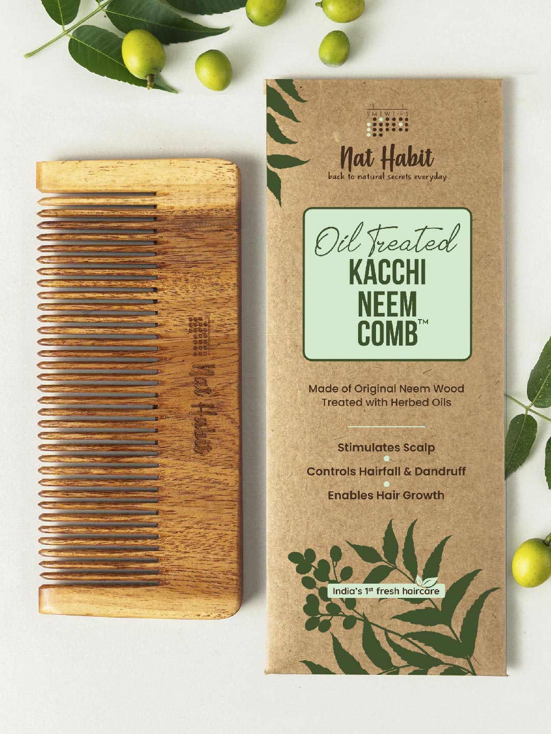 

Nat Habit Kacchi Neem Handmade Fine Wooden Tooth Comb for Long Thick Hair, Brown