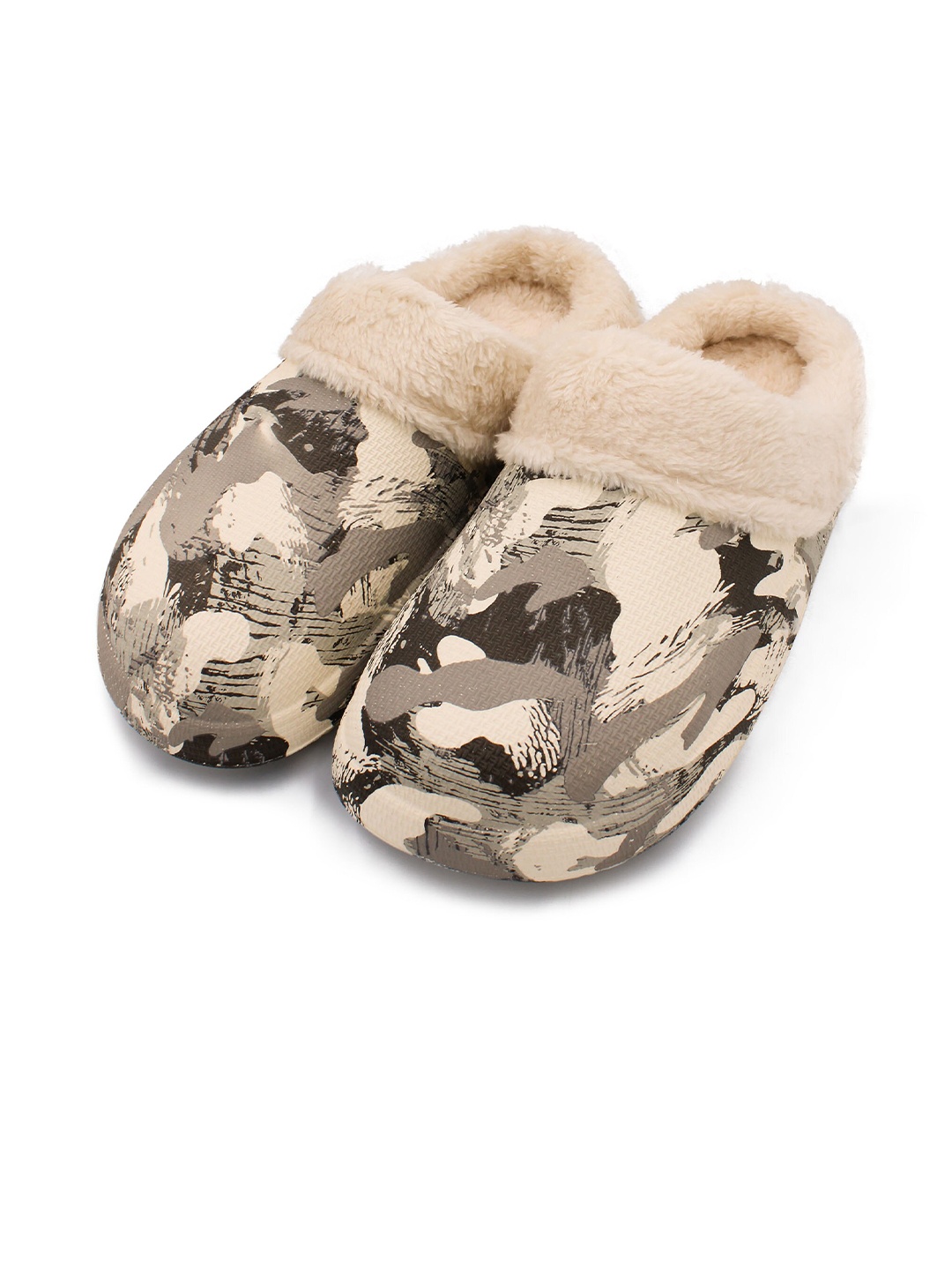 

JENNA Men Camouflage Printed Lightweight Fur Room Slippers, Grey