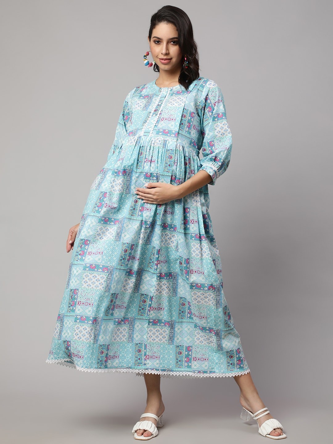 

Nayo Ethnic Motifs Printed Maternity Cotton Fit & Flare Midi Dress, Blue