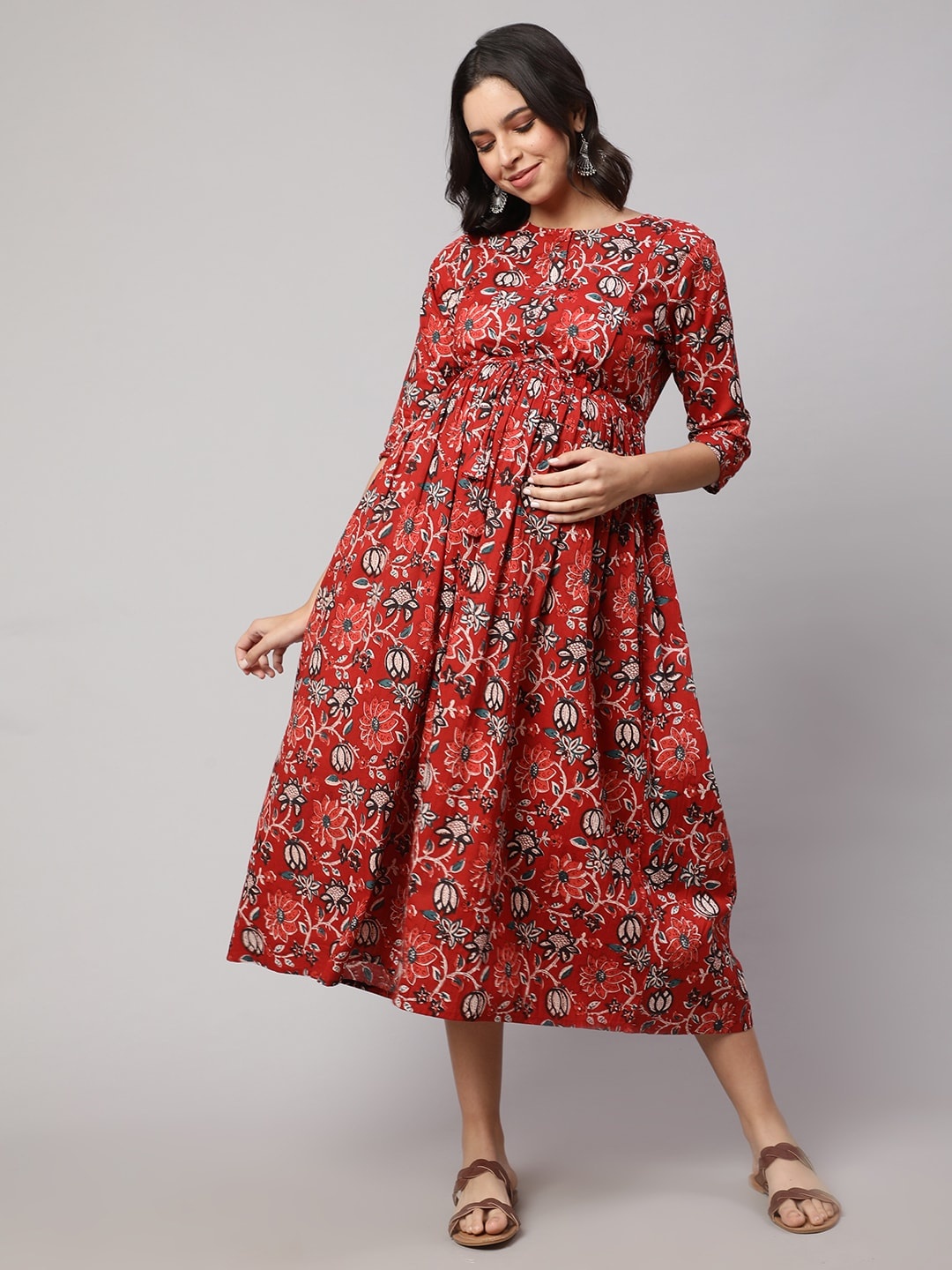 

Nayo Floral Printed Maternity A-Line Midi Dress, Red