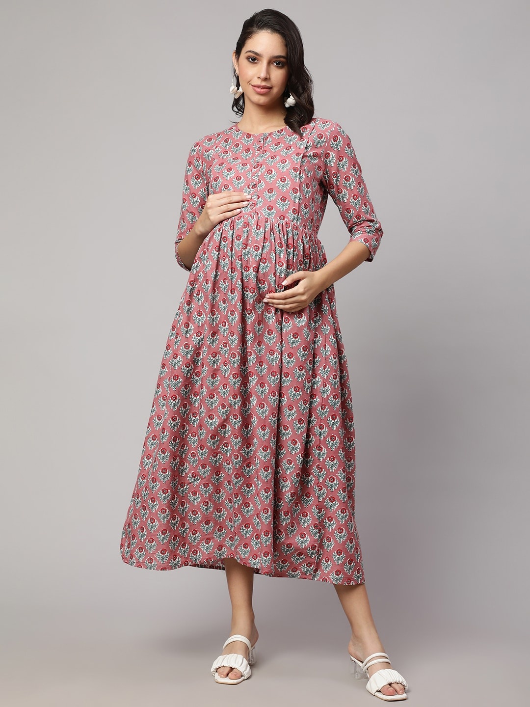 

Nayo Floral Printed Maternity Fit & Flare Midi Dress, Mauve