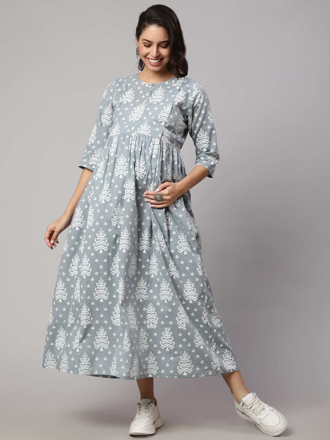 

Nayo Ethnic Motifs Printed Maternity Fit & Flare Midi Dress, Grey