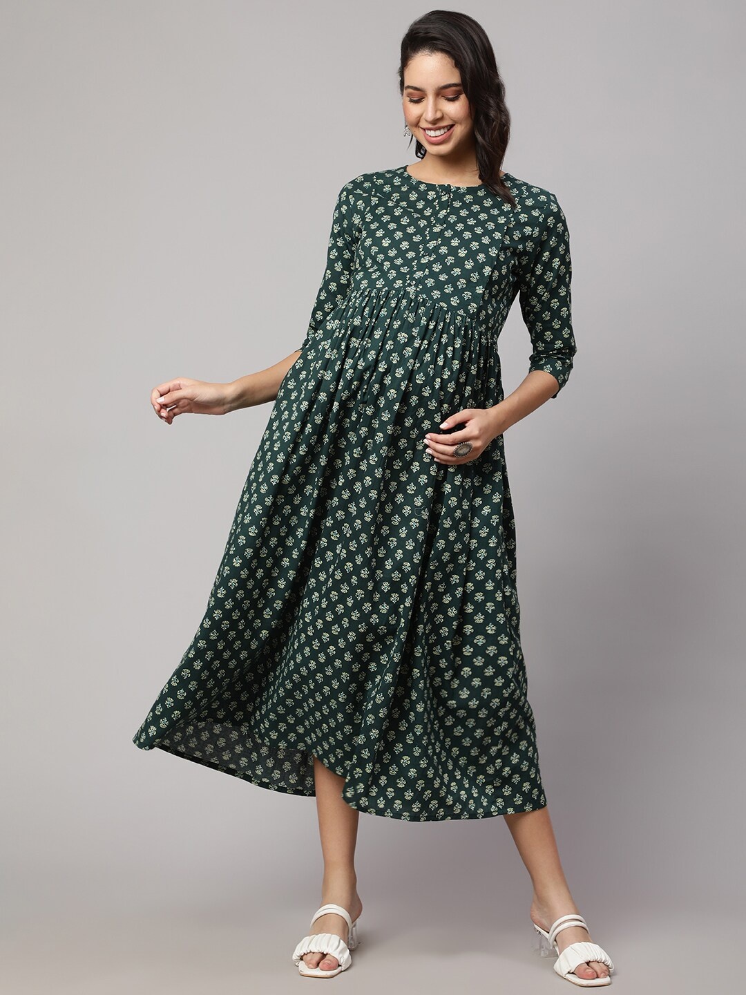 

Nayo Ethnic Motifs Printed Maternity Fit & Flare Midi Dress, Green