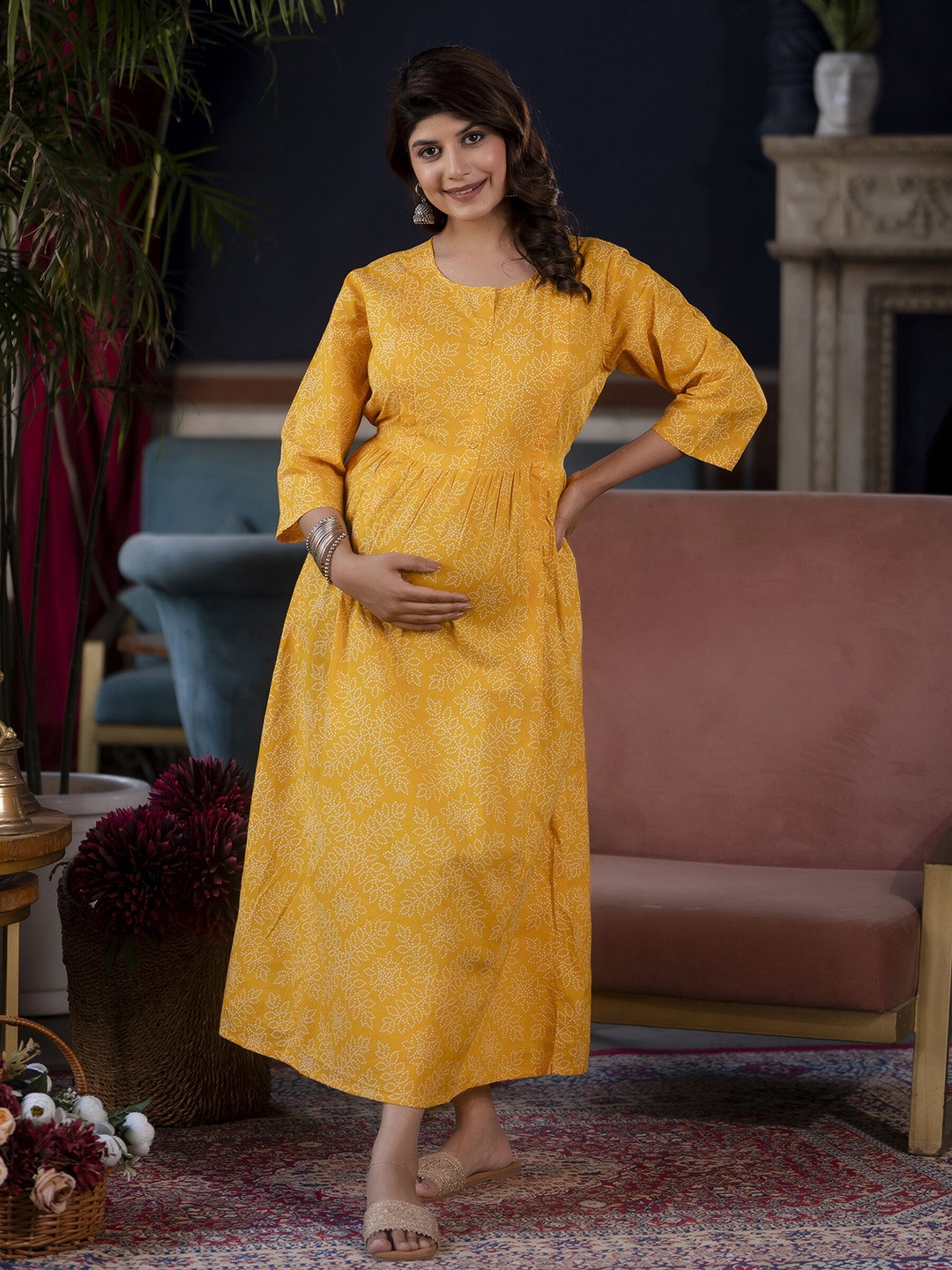 

Nayo Ethnic Motifs Printed Maternity Fit And Flare Midi Dress, Yellow