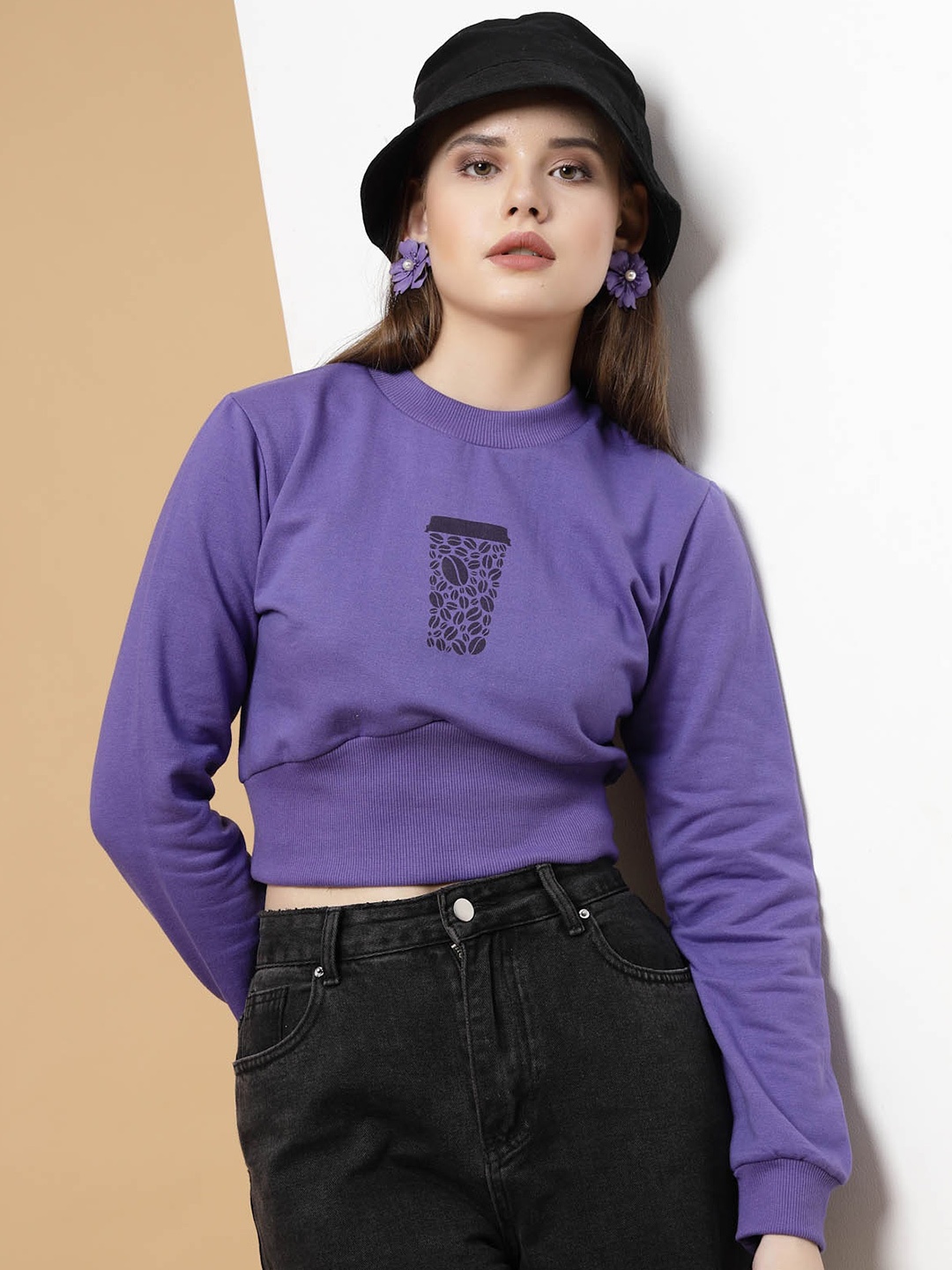 

Rigo Printed Crop Fleece Sweatshirt, Purple