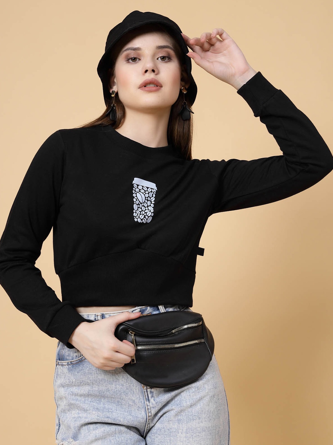 

Rigo Printed Fleece Crop Sweatshirt, Black