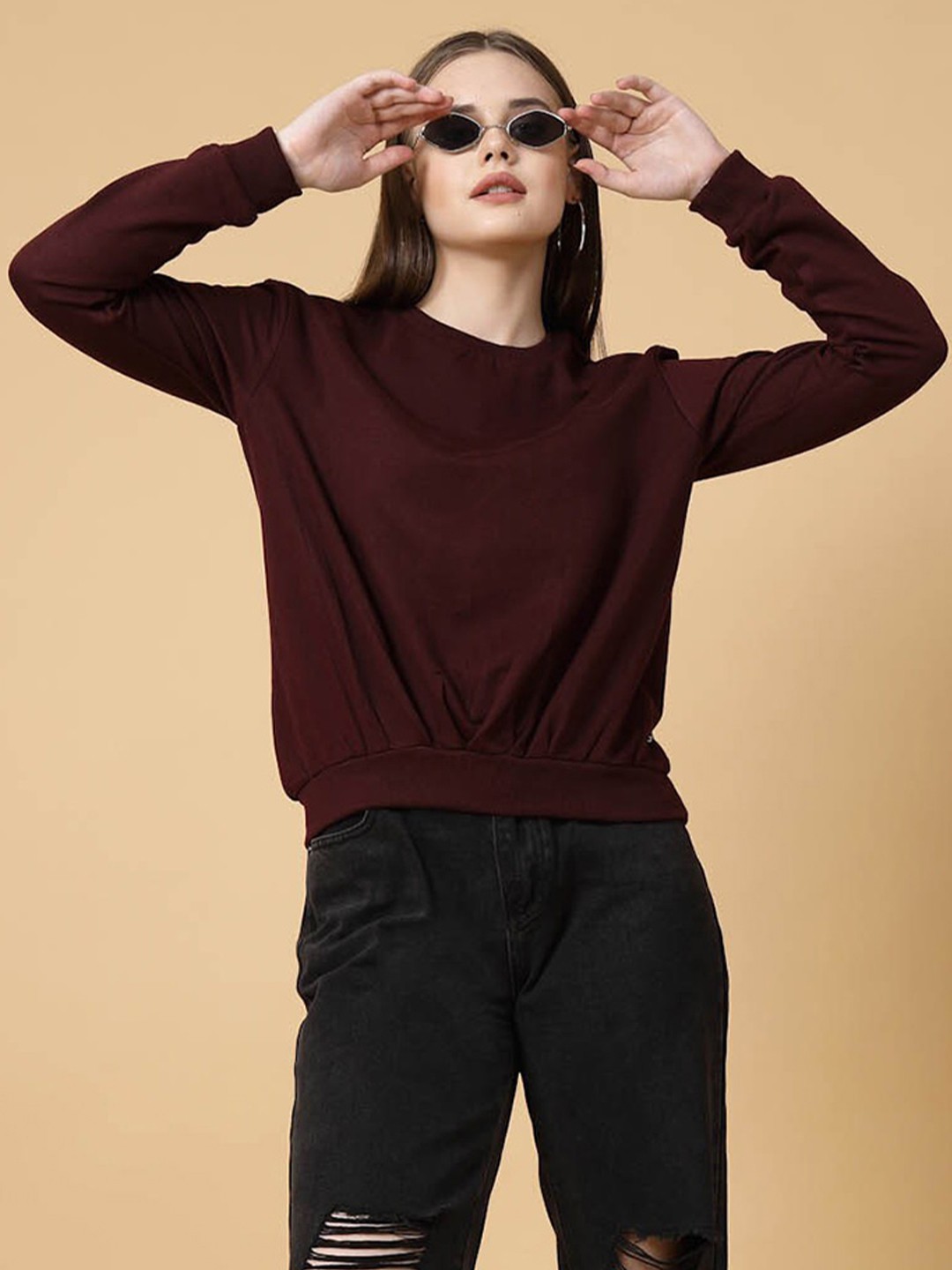 

Rigo Men Embroidery Round Neck Cotton Sweatshirt, Maroon