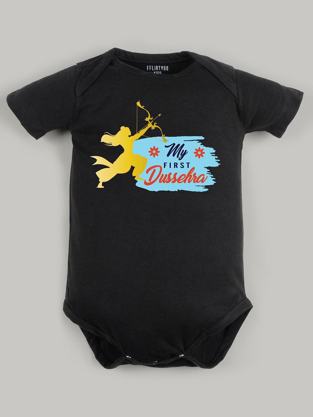 

FFLIRTYGO Infants Typography Printed Dussehra Special Pure Cotton Bodysuit, Black