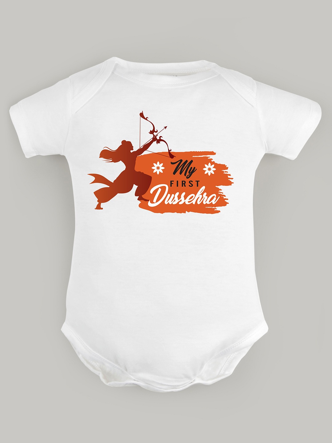 

FFLIRTYGO Infants Typography Printed Dussehra Special Pure Cotton Bodysuit, White