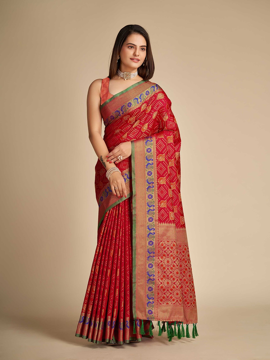 

Mitera Red & Green Ethnic Motifs Woven Design Zari Silk Blend Patola Saree