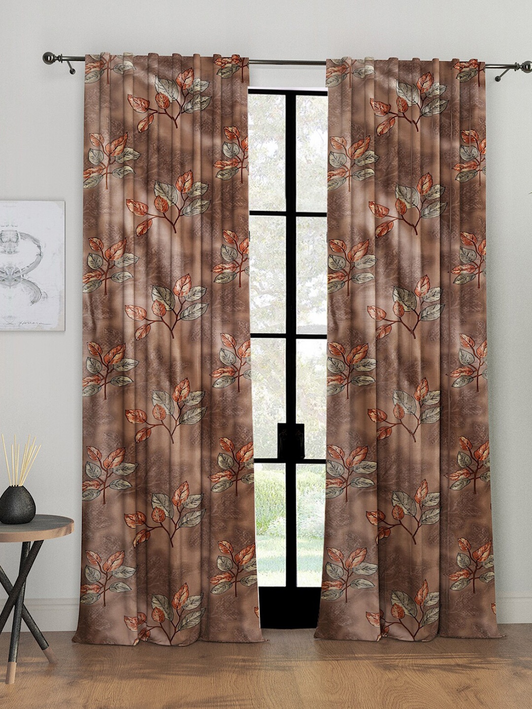 

ROMEE Brown & Green 2 Pieces Floral Room Darkening Long Door Curtains