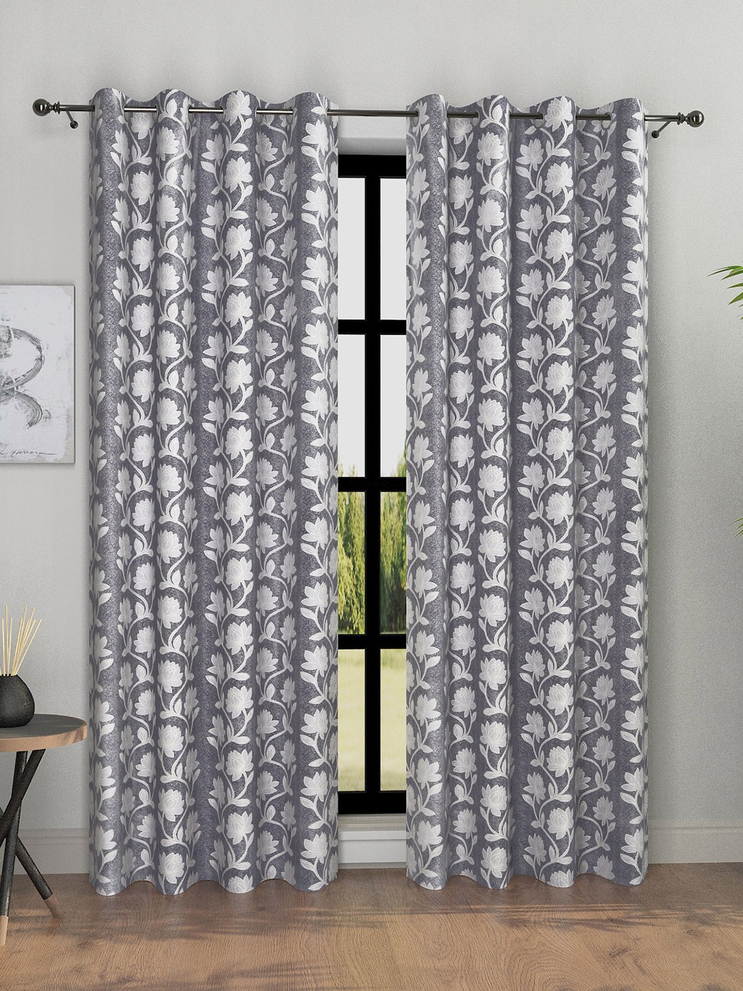 

ROMEE Grey & White 2 Pieces Floral Room Darkening Door Curtains