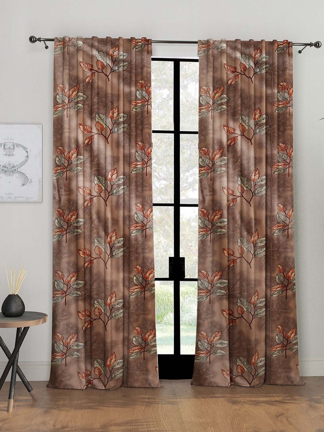 ROMEE Brown & Orange 2 Pieces Floral Room Darkening Door Curtains