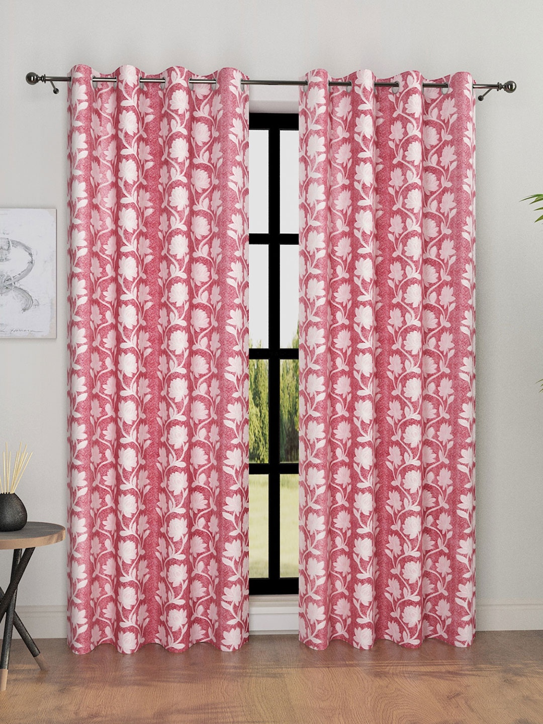 

ROMEE Pink & Maroon 2 Pieces Floral Room Darkening Long Door Curtains