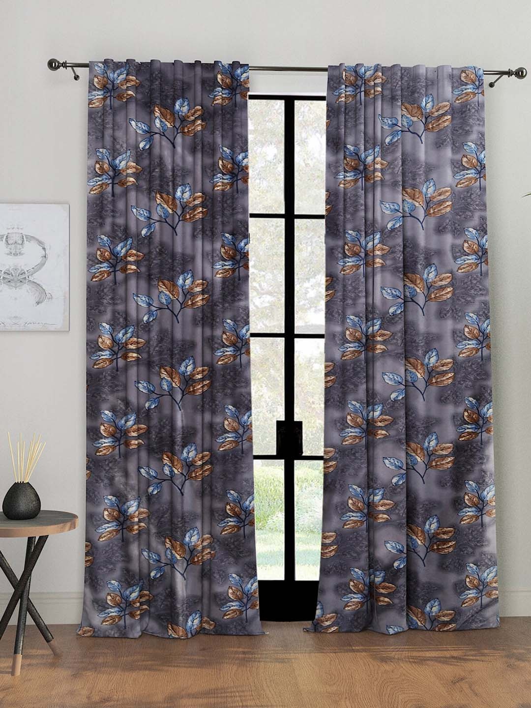 

ROMEE Grey & Blue 2 Pieces Floral Room Darkening Door Curtains